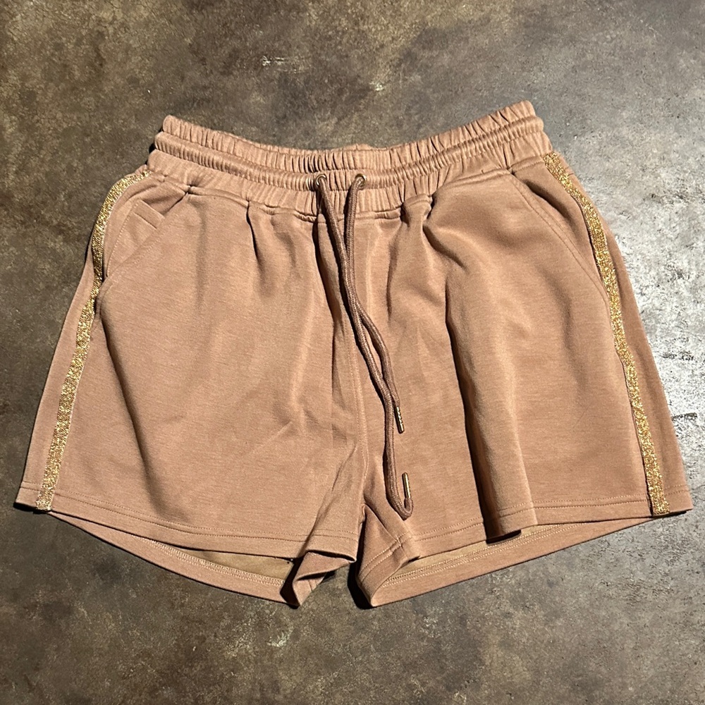 Women's Athletic Tan Shorts with Gold Trim
